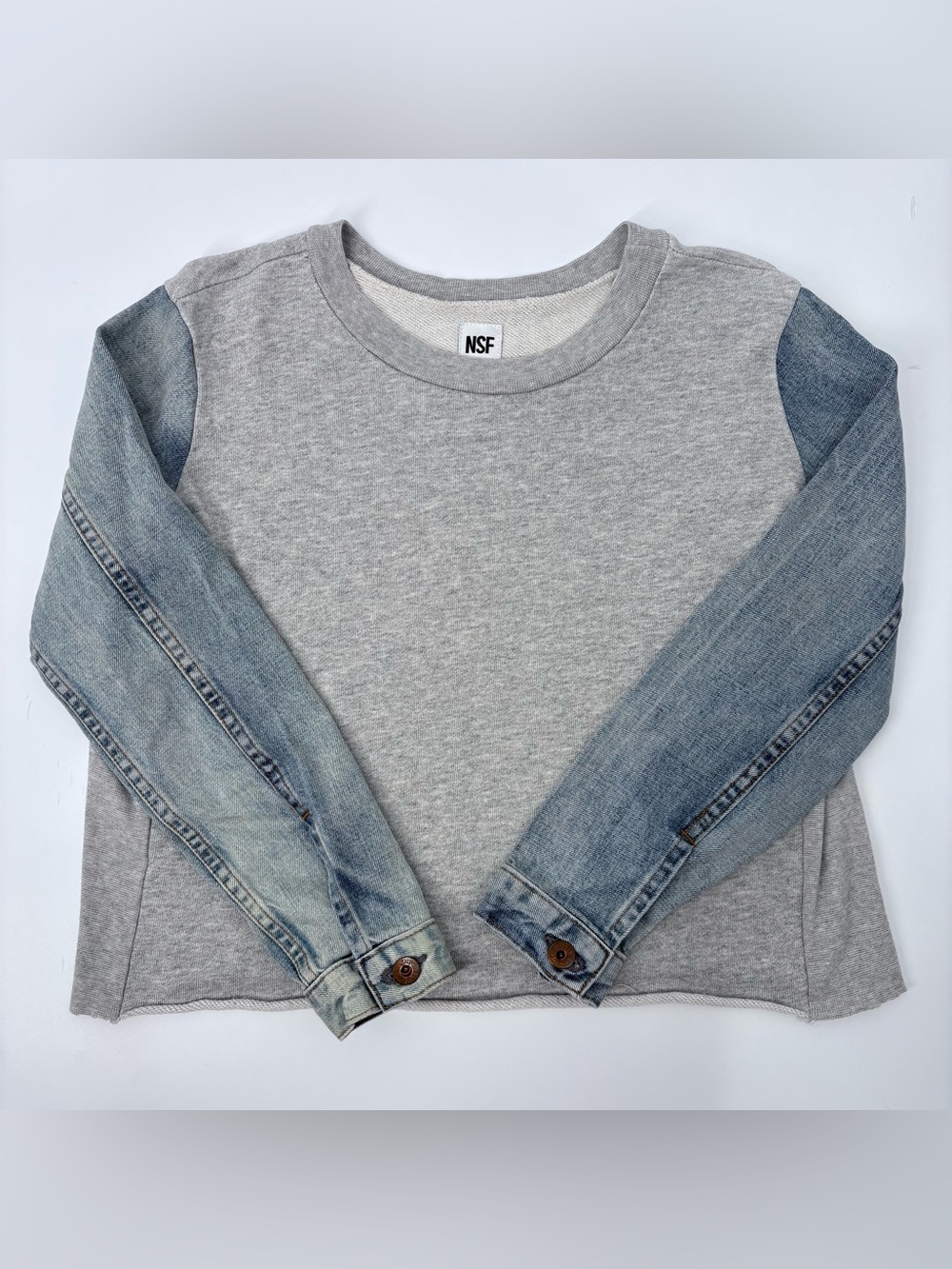 NSF Denim Sleeve Mixed Media Sweatshirt Grey Cotton French Terry Raw Hem